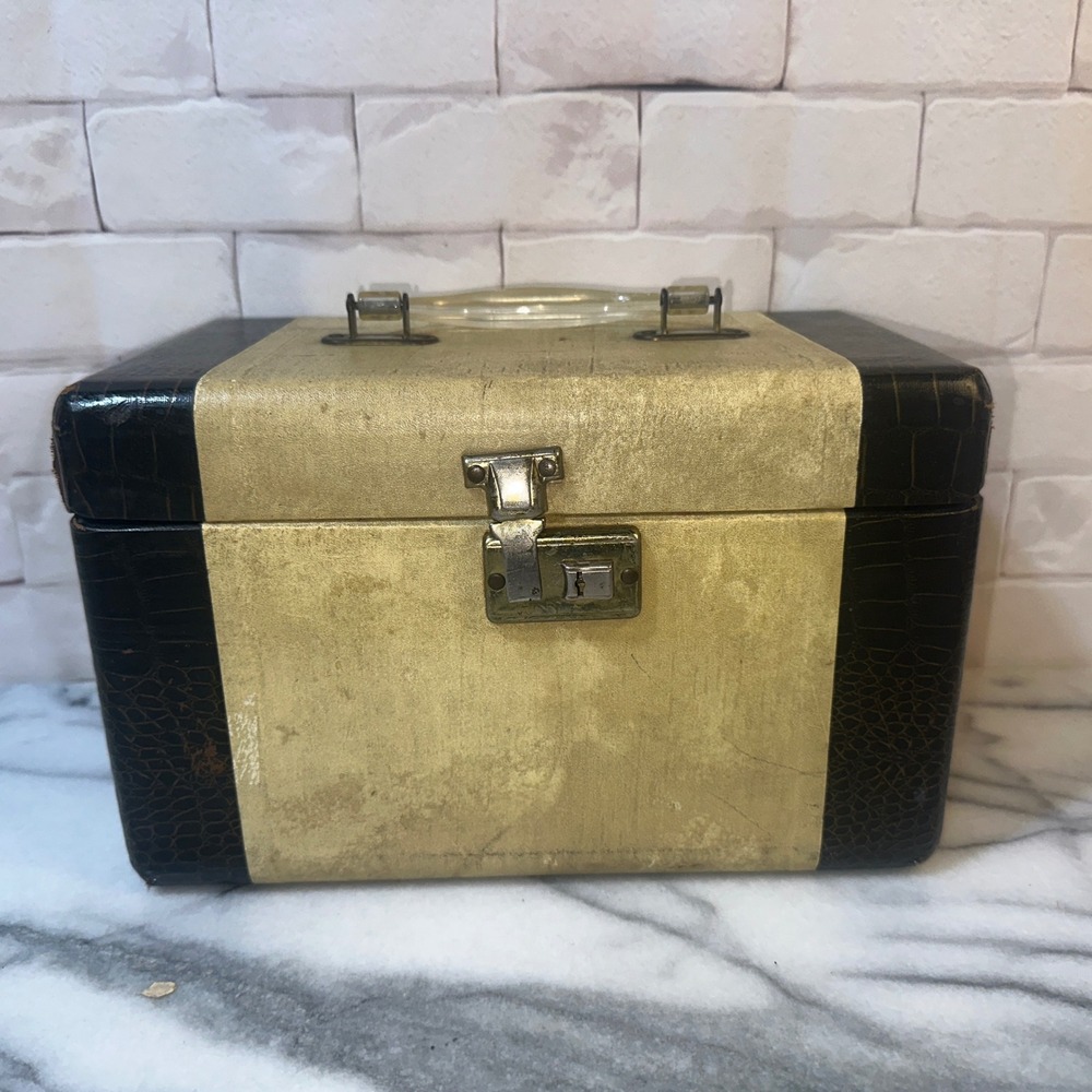Vintage Mid Century Two Tone Croc Embossed Train Case Lucite Handle Gold Black